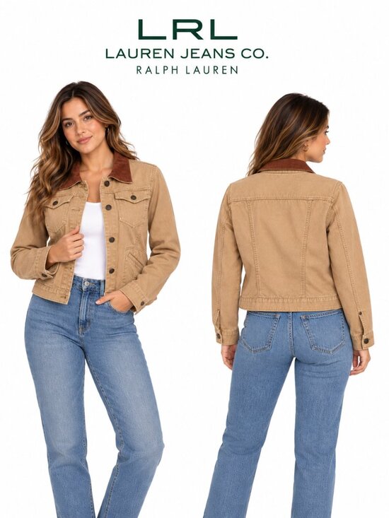 Lauren Ralph Lauren Jackets & Blazers - Lauren Ralph Lauren Tan Trucker Jacket Leather Collar Khaki Stretch Denim Med